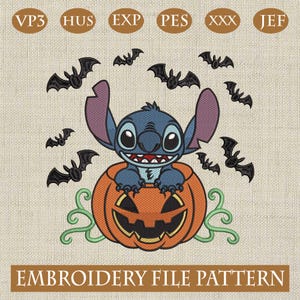 Cute Halloween Stitch Embroidery Design with Pumpkin and Flying Bats, Spooky Stitch Machine Embroidery File