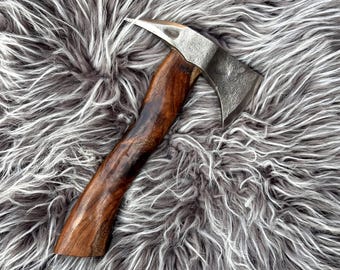 Hand-Forged Mini Viking Axe, Curved Hardwood Handle, Camping Hatchet Gift