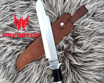 Predator Bowie Knife Replica from the 1987 Movie, Handmade Collector Machete with Leather Sheath and Movie Prop Gift for Him