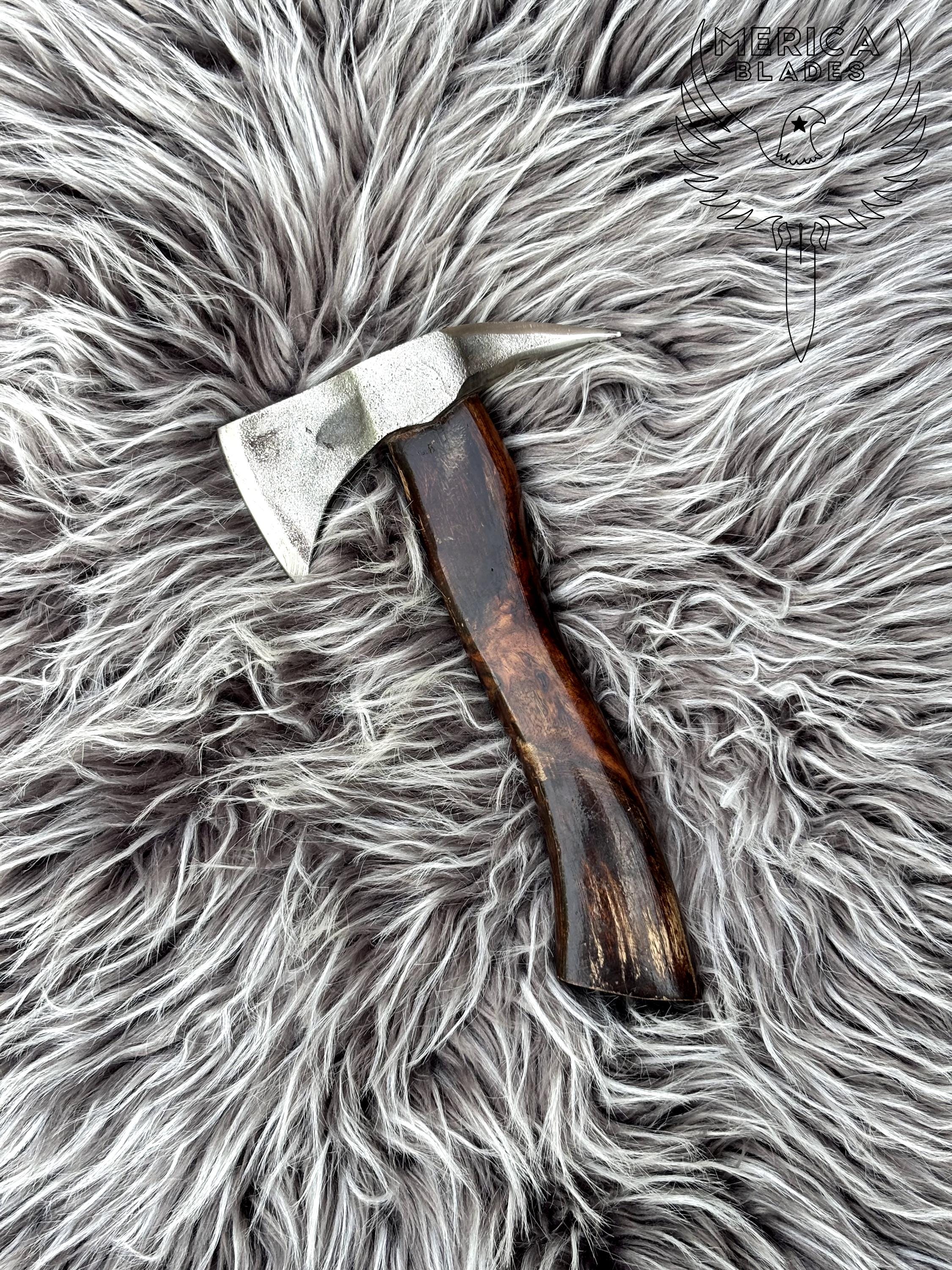 Hand-forged Mini Viking Axe, Curved Hardwood Handle, Camping