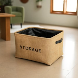 Jute Storage Box with Handles, Small & Large Sizes, Rustic Foldable Organizer Bin with Optional Lid, Woven Fabric Storage Basket