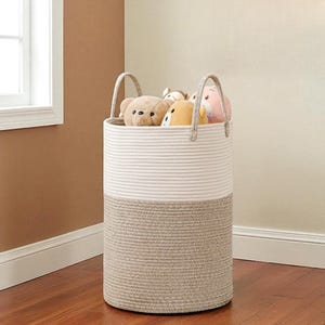 Tall Fabric Laundry Basket with Handles | Foldable Dirty Clothes Hamper | Modern Storage Bin with Print Design | Brown or Black Cotton Rope