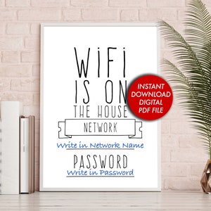 Printable 8x10 Sign/WiFi Password Sign/Editable WiFi is on the House - Fill in Your Own Network Name and Password