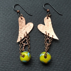 Copper Earrings, Heart Earrings, Lampwork Beads, Art Bead Earrings, Emerald City Art Glass, Flamework, Copper Dangles, Lampwork Earrings