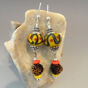 Lampwork Earrings, Yellow Earrings, Boho, Tribal, Hippie, Flamework, Emerald City Glass, Marcie Page, Dangle Earrings, Long Earrings