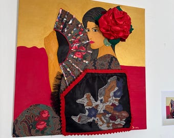 Rappresentazione femminile, quadri di donne, Spagna, quadri colorati, quadri con tessuti a rilievo, quadro in acrilico, olio su tela