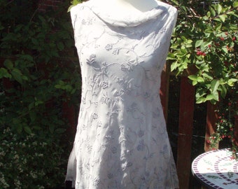 Fine pale silver grey silk delicately embroidered top by Whistles, England UK size 8