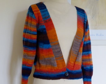 Unique. New. Hand knit cardigan multicolours UK 12 US 8-10, 4 ply, angora and woolmix. Top quality yarn.