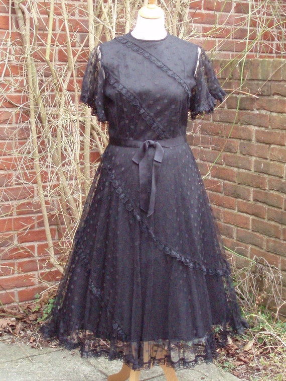 1950s Vintage Black Lace Spot  Lace and net dress… - image 1