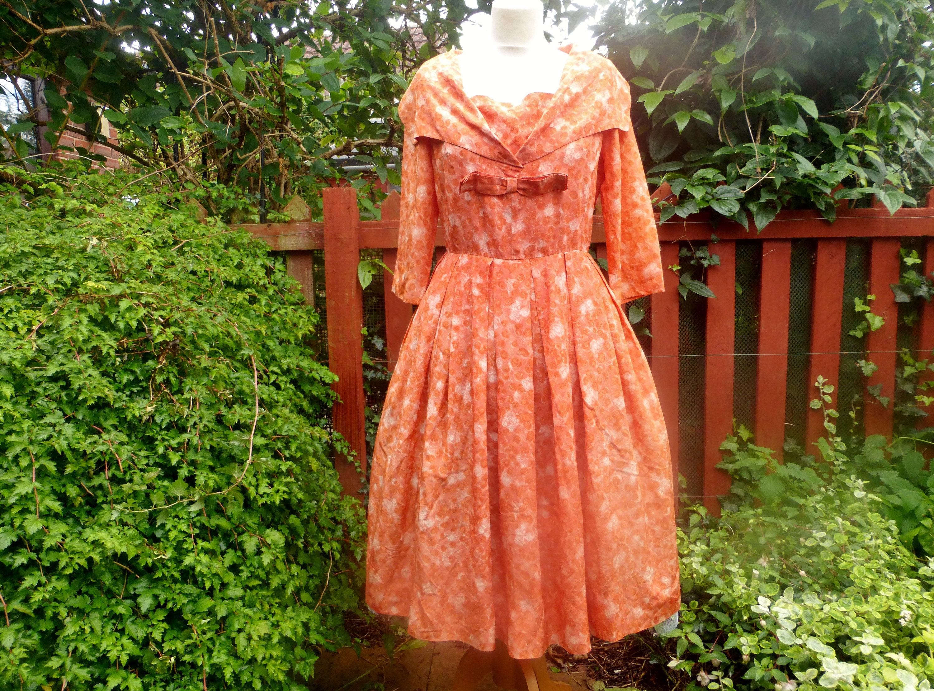Original Vintage C. 1950s Dress. Tangerine Orange Print. Full