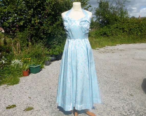 halter neck 1950s dress Vintage Original Dress/evening in Light Blue Damask, Neck, Full Skirt - UK 8/10, US 4/6 chronograph
