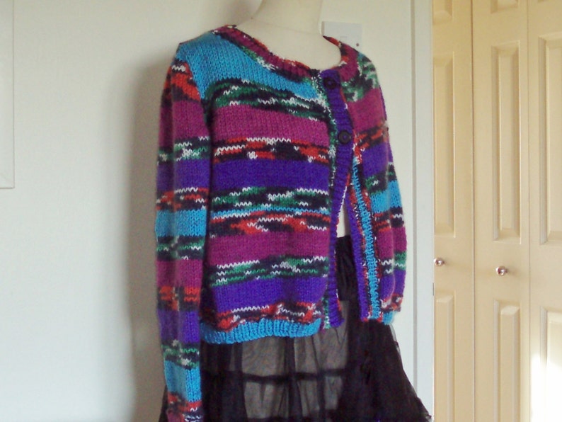 Unique hand knitted cardiganjacket in chunky yarn UK 12 14 US 10 12 pretty colours
