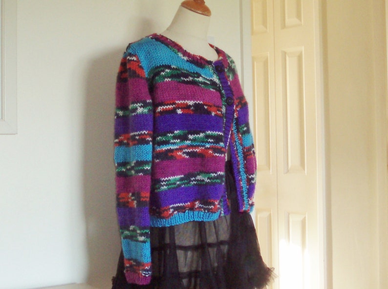 Unique hand knitted cardiganjacket in chunky yarn UK 12 14 US 10 12 pretty colours