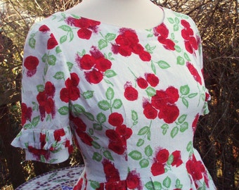 1950s Genuine Vintage Cotton Day Dress Red Roses - S