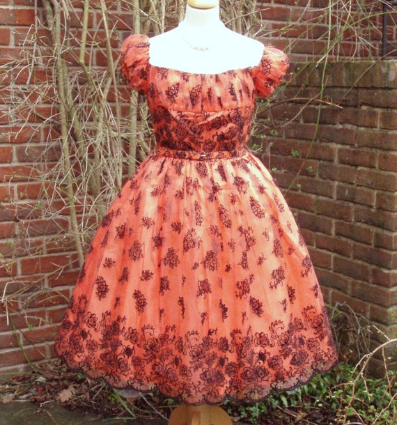 Original Vintage 1950's Dress Prom Rockabilly Floc