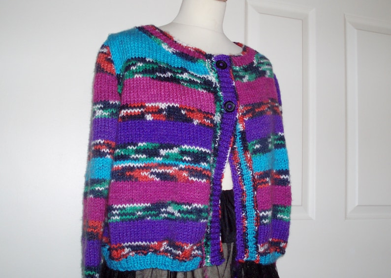 Unique hand knitted cardiganjacket in chunky yarn UK 12 14 US 10 12 pretty colours