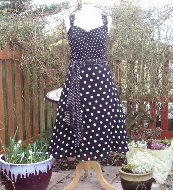 Chiffon Polka Dot Summer Prom Dress Navy and White Sash Belt British. Size  UK 10 US 8 - Etsy