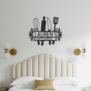 Personalized Kitchen Metal Wall Art – Custom Name Cooking Utensils Silhouette for Home Chef, Modern Kitchen Decor or Unique Gift Idea