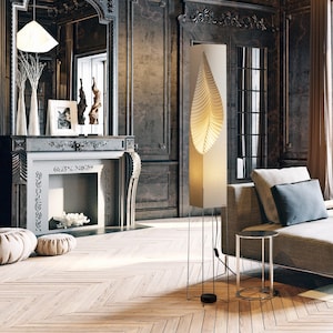 Lampada a torre a foglia da 160 cm (5'3) con supporto in filo metallico/legno - Decorazione minimalista e moderna realizzata in carta di resina organica / Imballaggio salvaspazio ed ecologico