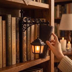 May include: A black metal wall-mounted lantern fixture with an ornate scrollwork bracket, suspended by a short chain. The lantern features a hexagonal frame with frosted glass panels and a warm, glowing light source inside, positioned on a bookshelf.