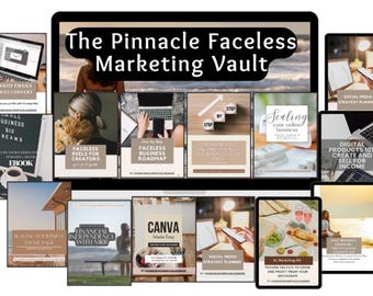 May include: A collection of digital marketing guides and planners, including ebooks and strategy planners. The title "The Pinnacle Faceless Marketing Vault" is displayed prominently. Various tablets and a laptop showcase the digital products.