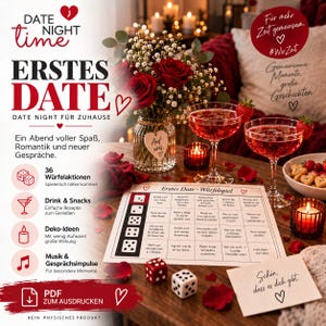 Könnte beinhalten: Ein Date-Night-Spielset mit einem bedruckten Spielplan für Gesprächsimpulse, zwei Würfeln, zwei Stielgläsern mit rotem Sekt, einer Vase mit roten Rosen und einer Karte mit dem Text Schön, dass es dich gibt.