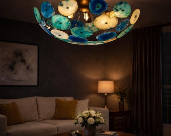 Celestial Blue Agate Starburst Chandelier – Mid Century Modern 4-Light Pendant - Designer Brass Statemen Light