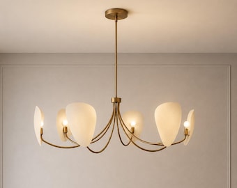 Moderner 6-flammiger Messing-Kronleuchter, luxuriöse Deckenleuchte im Mid-Century-Stil für Esszimmer