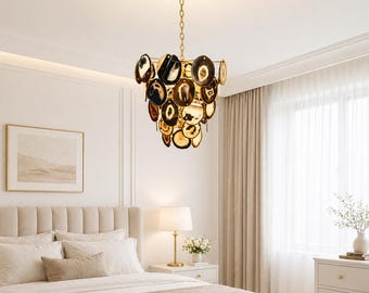 Lámpara de araña de ágata negra hecha a mano - Lámpara colgante moderna de mediados de siglo con 8 luces para la entrada o el comedor.