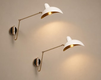 Handcrafted Stilnovo Wall Sconce, White Shade Brass Swing Arm Lamp, Mid Century Modern Light