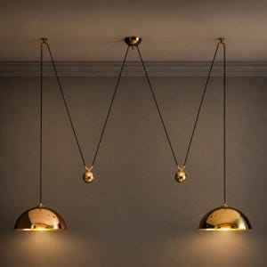 Puede incluir: Tres lámparas colgantes doradas con una pantalla en forma de cúpula cuelgan del techo. Cada lámpara está suspendida por un cable negro y presenta una esfera dorada. Las luces están espaciadas uniformemente, creando una estética moderna.