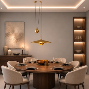 May include: A round wooden dining table with a fluted base, surrounded by six beige upholstered chairs. Above the table hangs a gold-toned metal pendant light with a counterweight mechanism. The setting includes glassware and a central bowl.