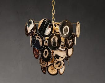 Handmade Black Agate Chandelier - Mid Century Modern 8-Light Pendant For Entryway Dining Room Lighting