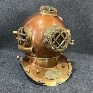 Copper Brass U.S. Navy Mark V Diving Helmet | Full-Size Nautical Diver Helmet with Wooden Base | Vintage Marine Décor | Steampunk Scuba Gift
