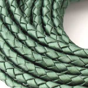 LBOLO0340766) 4.0mm Ocean Green Metallic Genuine Braided Bolo Leather Cord.  1 meter, 2 meters, 5 meters, 8.9 meters.  Length Available.