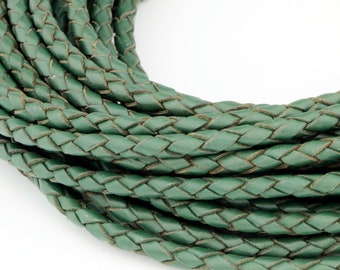 LBOLO0340606) 4.0mm Dark Green Genuine Braided Bolo Leather Cord.  2 meters, 5 meters, 7.05 meters. Length Available.