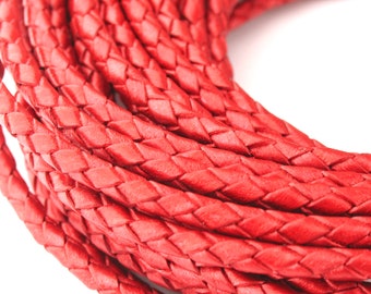 LBOLO0340757) 4.0mm Moroccan Red Metallic Genuine Braided Bolo Leather Cord.  1 meter, 2 meters, 5 meters, 8.69 meters.  Length Available.