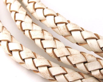 LBOLO0365609) 6.5mm White Genuine Braided Bolo Leather Cord.  1.05 meter, 3 meters, 4.87 meters.  Length Available.