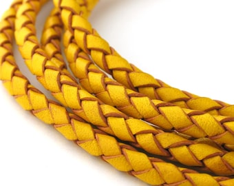 LBOLO0340615) 4.0mm Yellow Genuine Braided Bolo Leather Cord. 2 meters, 5 meters, 10 meters, 20.5 meters.  Length Available.