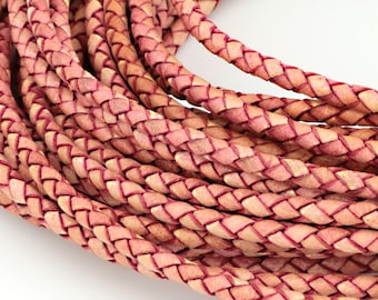 LBOLO0340654) 4.0mm Antique Pink Genuine Braided Bolo Leather Cord.  2 meters, 5 meters, 9.63 meters. Length Available.