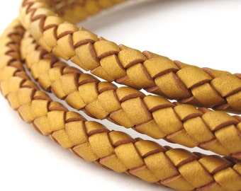 LBOLO0370624) 7.0mm Gold Metallic Genuine Braided Bolo Leather Cord.  1.05 meter, 3 meters, 5.7 meters.  Length Available.