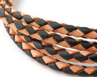 LBOLO0340681) 4.0mm Antique Natural & Black Genuine Braided Bolo Leather Cord.  3.25 meters.  Length Available.