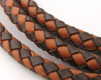 LBOLO0360682) 6.0mm Red Brown & Light Brown Genuine Braided Bolo Leather Cord.  1 meters.  Length Available.