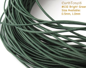 LRD0105132) 0.5mm, 1.0mm Bright Green Genuine Round Leather Cord.  Length Available.