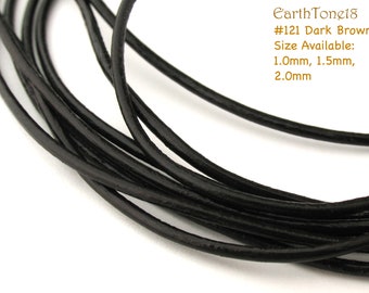 LRD0115121) 1.0mm, 1.5mm, 2.0mm Dark Brown Genuine Round Leather Cord.  Length Available.