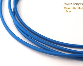 LRD0115024a) 1.5mm Deep Sky Blue Genuine Round Leather Cord.  5 meters, 10 meters, 20.9 meters.  Length Available.