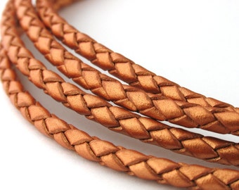 LBOLO0335644) 3.5mm Bronze Metallic Genuine Braided Bolo Leather Cord.  2.55 meters, 5 meters, 10 meters.  Length Available.