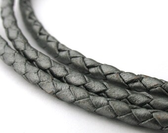 LBOLO0335622) 3.5mm Steel Grey Metallic Genuine Braided Bolo Leather Cord.  2.1 meter, 3 meters.  Length Available.