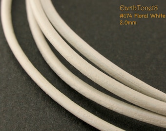 LRD0120174) 2.0mm Floral White Genuine Round Leather Cord. 5 meters, 10 meters, 13.9 meters.  Length Available.