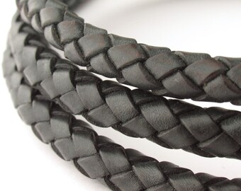8.0mm Black Genuine Braided Bolo Leather Cord.  Natural Leather Cord. 1.2 meter, 2.24 meters, 5.68 meters.  Length Available. (LBOLO0380602)